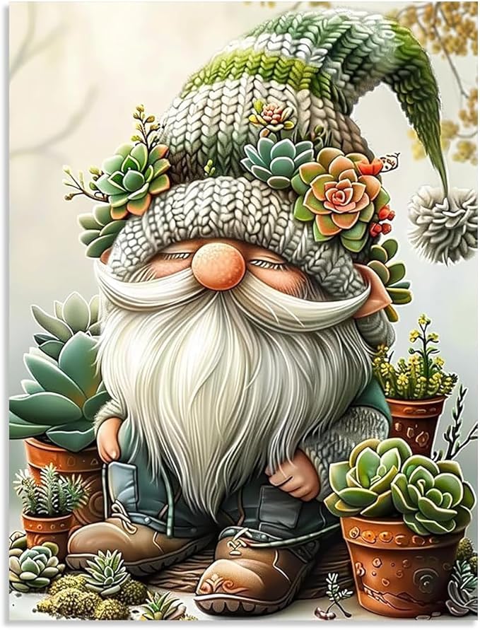Stamped Cross Stitch Kits for Adults - Gnome Succulent Embroidery Kits for Beginners Adults,11 CT Patterns Dimensions Counted Cross Stitch Kits for Adults Arts Craft 12x16 inch