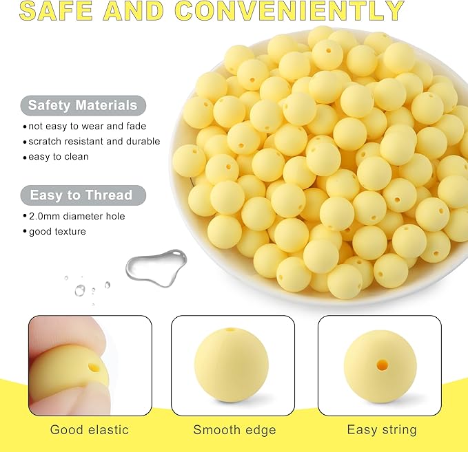 150Pcs 15mm Silicone Beads for Keychain Making Bracelet Necklace, Bulk Round Silicone Beads for Pens(Cream Yellow