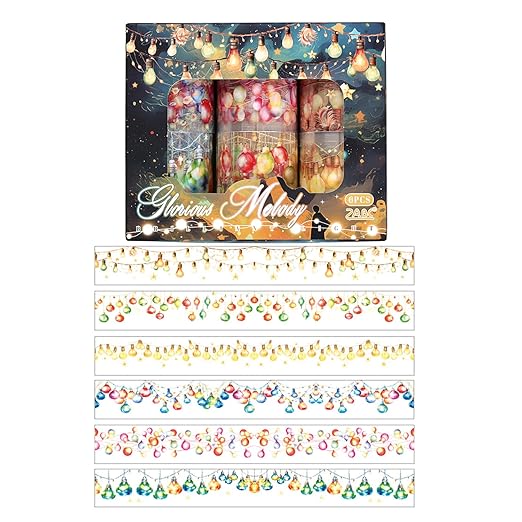 Holiday Lights Washi Tape Set, 6 Rolls Festive Christmas Decorative Tape with String Lights and Ornaments for Journaling Supplies, Scrapbooking, Card Making, Gift Wrapping and Holiday Crafts