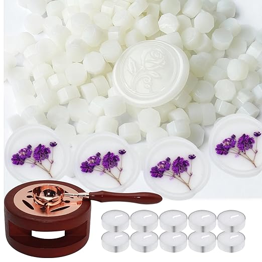 Wax Seal Beads Kit - 300pcs Translucent Sealing Wax Beads with Wood Melting Warmer, Spoon & 10 Mini Candles for Stamp Seals, Wedding Invitation, Envelope, Cards, Gift Wrapping Decorations