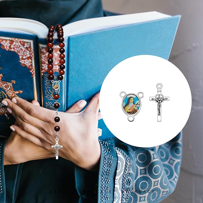 60Pcs/30Sets Rosary Making Kits Supplies Alloy Religion Cross and Center Medal Charms Pendant Oval Chandelier Links for Diy Prayer Necklace Jewelry