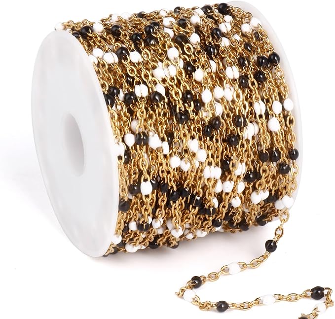 33 Feet Gold Enamel Chains Bulk, 2mm 18K Gold PVD Plated 304 Stainless Steel White Black Enamel Beaded Cable Link Chain Roll Spool for Jewelry Making