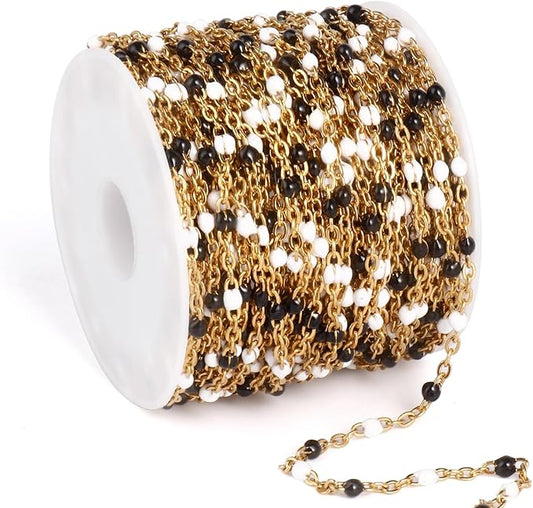 33 Feet Gold Enamel Chains Bulk, 2mm 18K Gold PVD Plated 304 Stainless Steel White Black Enamel Beaded Cable Link Chain Roll Spool for Jewelry Making