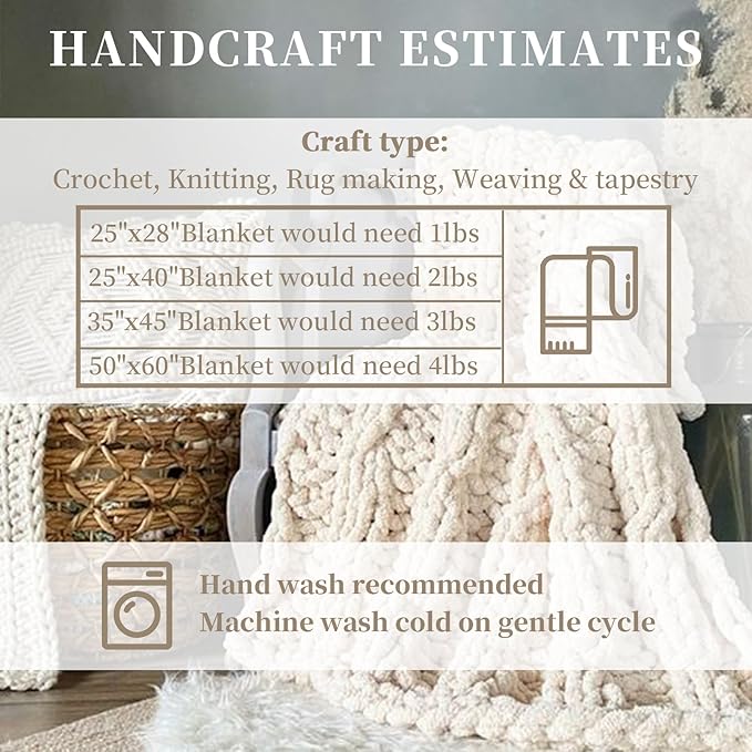 SUNTQ 8 Pack Jumbo Chunky Chenille Yarn for Crocheting, Bulky Thick Fluffy Yarn for Hand Knitting Blanket, Soft Plush Knitting Yarn for Cushions, Pet Bed,Home Decor, Ivory(32 yds,8.8 oz Each Skein)