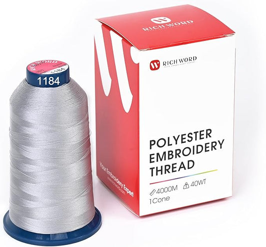 Poolin Embroidery Machine Thread Richword Selected Grey 4000M 40WT Polyester Embroidery Thread – Smooth, Strong Single Spool for Home & Commercial Machines 1184