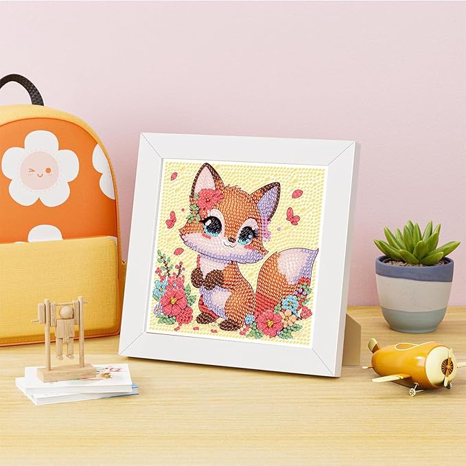 Fox Diamond Art Painting Kits for Kids with Frame, Animal Diamond Art for Kids Ages 4-8-12 with Frame, Easy Small Cute Gem Painting Kit for Gift Home Wall Decoration (7x7 inch)