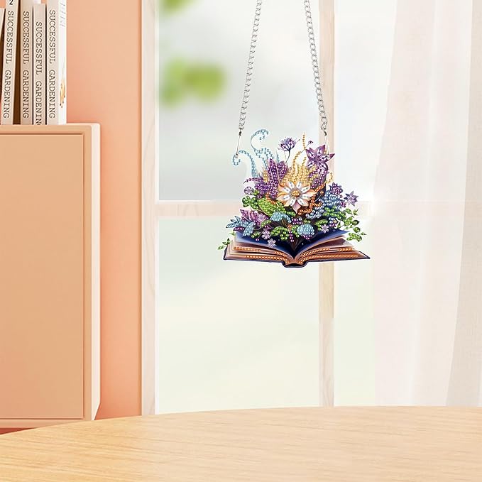 AiYuanzsh DIY 5D Diamond Art Hanging Pendant Kit – Flowers Blooming in the Book Design with Crystal Rhinestones, for Adults Door, Wall, Window, and Home Decoration