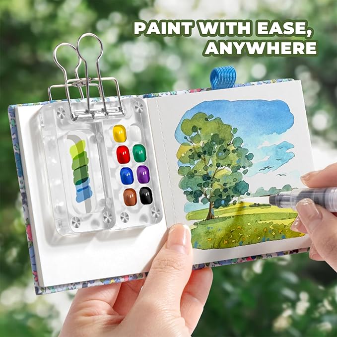 Mini Portable Watercolor Palette Set-Grid Paint Box with Binder Clips Include 12 Colors Paint - Brush*3 and Picture Album Art Materials Coloring Markers for Travel, Creative Drawing Kit for Beginners and Art Enthusiasts(Yellow Acrylic-S)