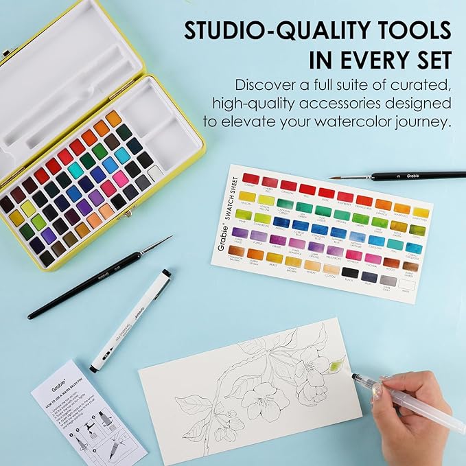 grabie 50 colors premium all-in-one water color paint set - detail paint brush included, watercolor paints, painting sets, art supplies, portable & travel watercolor set, amateur hobbyists
