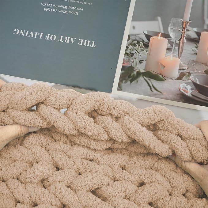Chunky Yarn for Hand Knitting and Blankets – Super Soft Jumbo Chenille Yarn Pack for Crocheting, Bulky DIY Projects, 8 Skeins(Khaki)