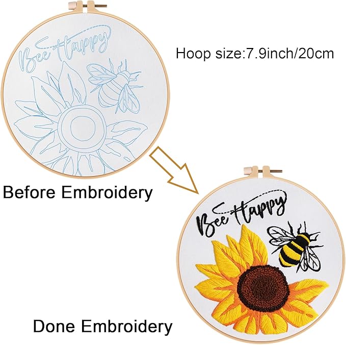 Louise Maelys Embroidery Kits for Beginners,Cross Stitch Kit for Adults,DIY Needlepoint with Bee Sunflower Pattern-Bee Happy