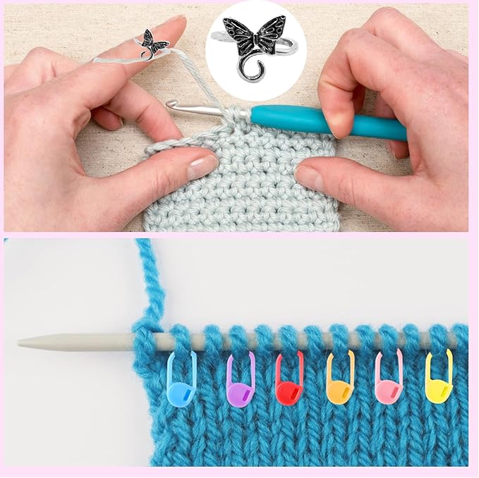 LBU 5Pcs Crochet Ring + 100Pcs Stitch Markers Adjustable Crochet Tension Rings for Finger Handmade Yarn Guide Crocheting Rings Knitting Accessories with Box Crochet Gifts for Women Mom Crocheters