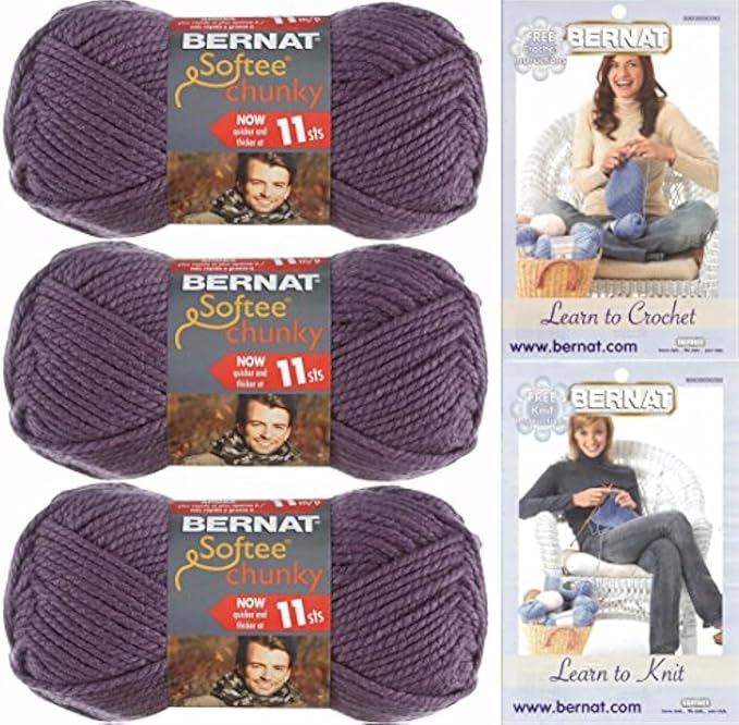 Bernat Softee Chunky Yarn, Super Bulky #6, 3 Skeins Dark Mauve Bundle 28323