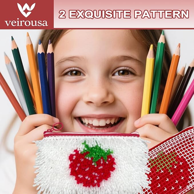 veirousa Strawberry & Watermelon Latch Hook Pencil Case Kit for Adults Beginners, Flully Fruit DIY Craft Pencil Pouch for Girls Boys 2 Pack Set