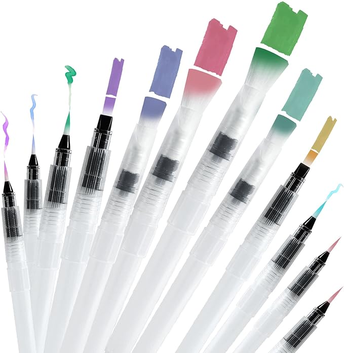 Junreox 12Pcs Watercolor Brush Pens, Premium Leakproof Water Brush Pen with 6 Assorted Tips for Aquarelle, Gouache, Acrylics, Refillable Paint Pens, Arts Value Set