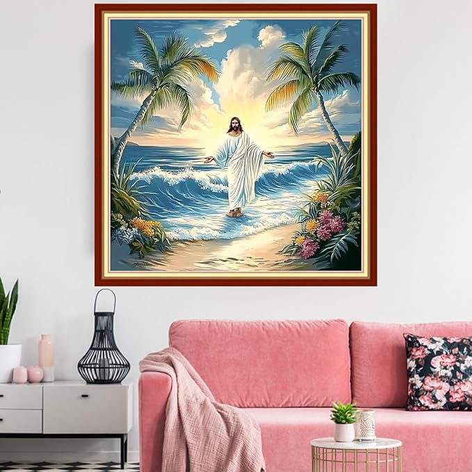Redxing Stamped Cross Stitch Kits Embroidery kit for Beginners Adults Full Range of Embroidery Patterns Starter Kits DIY Printed Cross Stitch Kits Needlepoint Kits 11CT-Jesus Coconut Tree 18x18 inchs