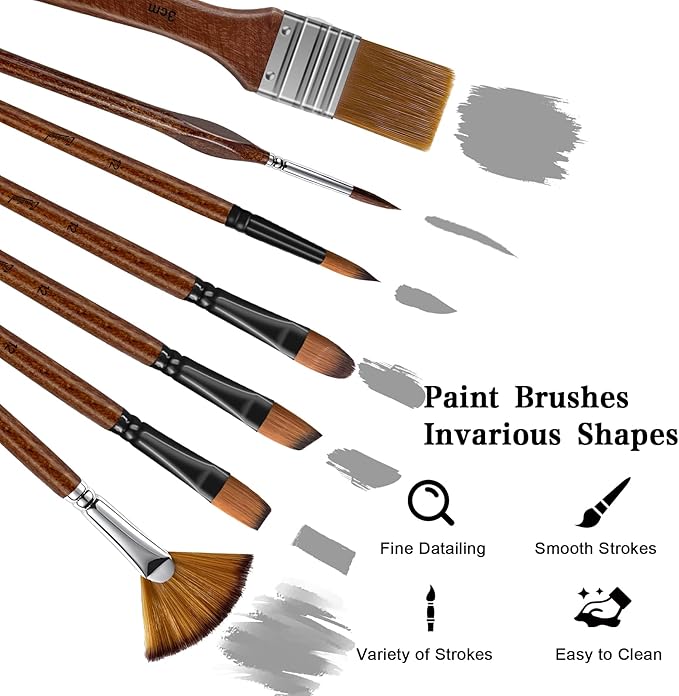 Bougimal 32 Pcs Paint Brush Set, Artist Paint Brushes for Acrylic Painting, Oil, Watercolor, Gouache, with Flat Round Filbert Fan Angle Detail Brush, Suitable for Artists and Beginners(Brown)