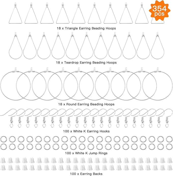 354pcs jewelry making earrings supplies earring making kit with teardrop triangle round beading hoop,earring hooks,jump rings,earring backs for diy earrings craft(white k)