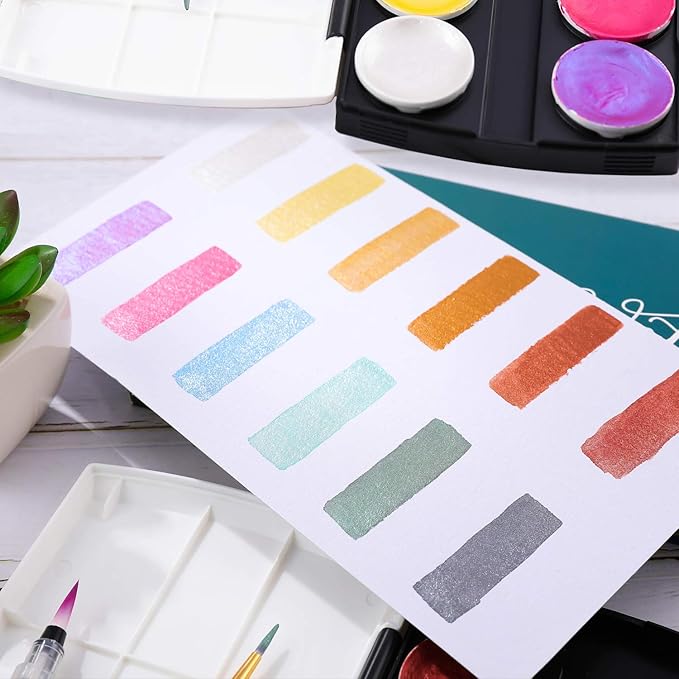 Dyvicl Metallic Watercolor Paint Set, 12 Shimmer Colors with Water Brush, Glitter Watercolors for Painting, Illustrating, Card Making, Coloring Books
