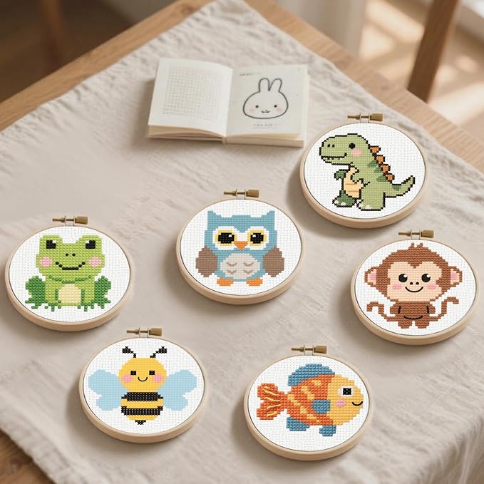 57lilina Cross Stitch Kits for Kids - 6 Set Easy Beginners Embroidery Kit for Kids, DIY Cute Pre Printed Stamped Crossstitch Needlepoint Patterns Craft for Backpack Charms, Keychains & Girls Gifts