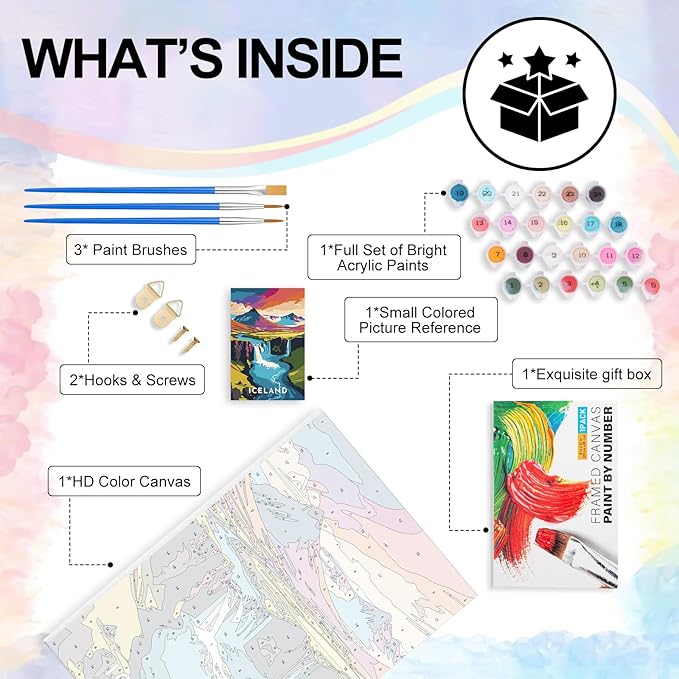 Yezavesu Framed Paint by Numbers Kit for Adults Beginner & Kids Ages 8-12, Iceland Landscape Paint by Numbers with Frame, DIY Number Painting for Adults Waterfall for Home Wall Decor Gift 8X 12 inch