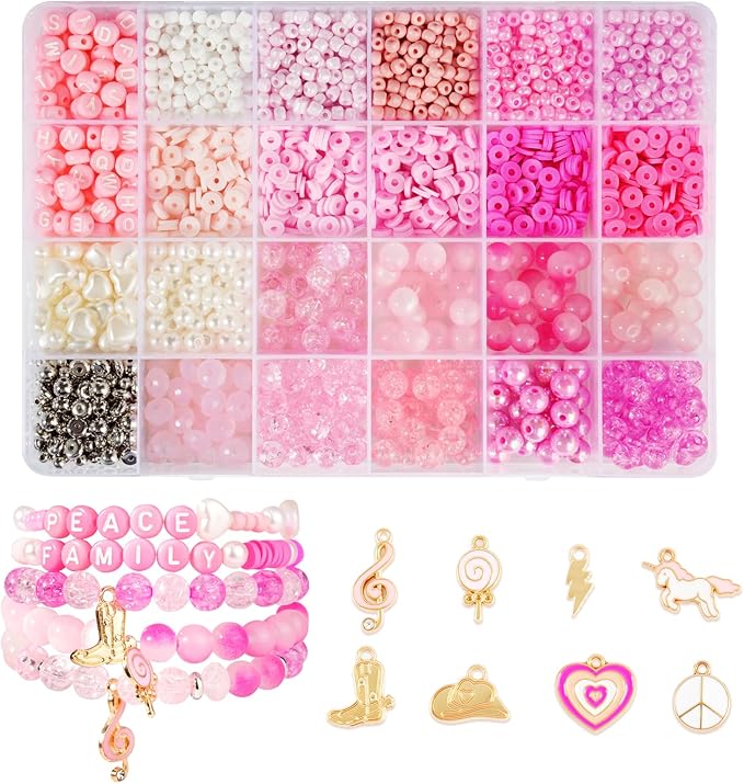 Miss Rabbit Pink Clay Beads Bracelet Making Kit,3500Pcs Valentines Beads,Friendship Bracelet Kit for Jewelry Making with 6 Kinds of Unique Glass Seed Bead