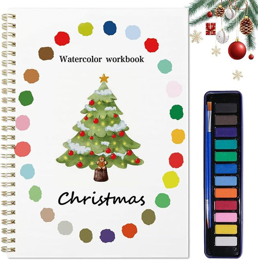 Watercolor Workbook, Water Coloring Book, 12 Different Patterns of Original DIY Designs, 12 Colors Watercolor Paint Set with Palette and Brush, Beginner-Friendly Watercolor Workbooks（Christmas）