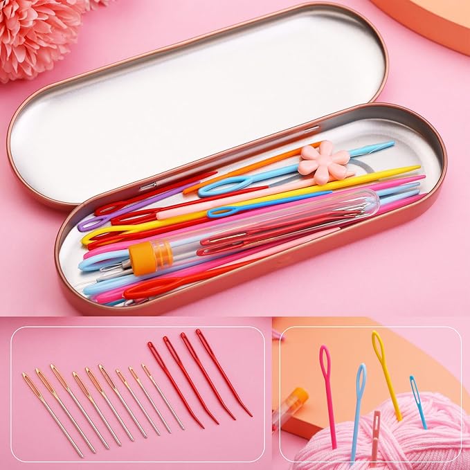 61Pcs Plastic Large Eye Sewing Needles Set, Yarn Needles Bent Tapestry Needles, Sewing Needles, Large Eye Blunt Needles with Colorful Stitch Markers and Straight Pins for Knitting Crochet Sewing