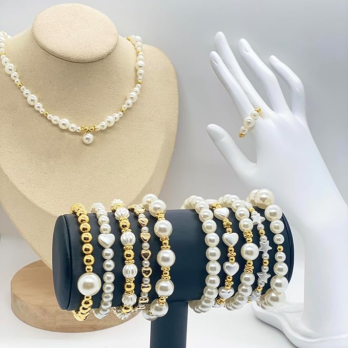 1338PCS Pearl Beads for Bracelets, 5 Size Round Pearl Beads Bulk for Jewelry Making Gold Spacer Star Heart Charms Friendship Bracelets Making Kit for Necklaces Earrings DIY Crafts