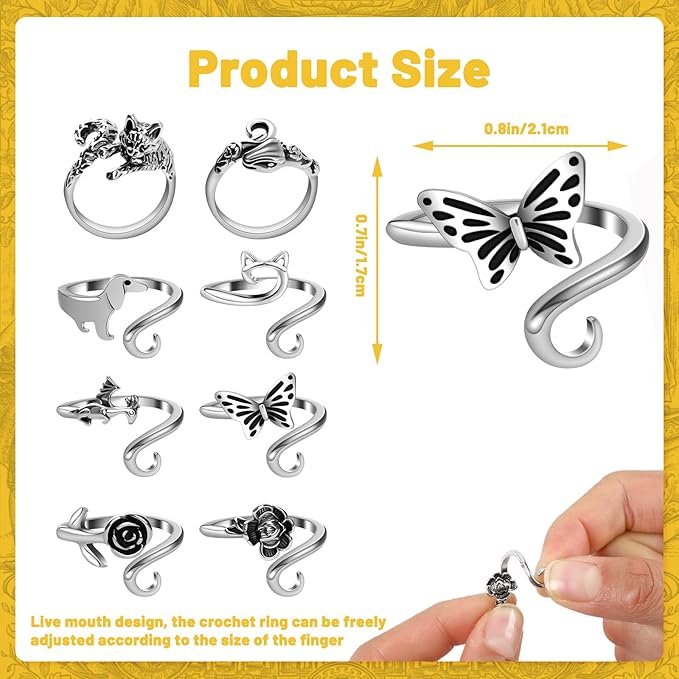 MARFOREVER 8 Pcs Crochet Rings, 8 Styles Adjustable Adjustable Tension Ring Loops for Fingers Yarn Guide Knitting Crochet Accessories with Box for Women Mom Crocheters Grandma Gift
