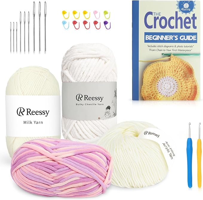 Reessy Crochet Yarn Kit for Beginners – 4 Yarns Sampler Pack (Acrylic, Cotton, Velvet Chenille, Beginner Yarn) with Hooks & Accessories – All-in-One Crochet Starter Kit for Beginners Adults (D)