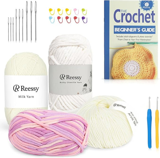 Reessy Crochet Yarn Kit for Beginners – 4 Yarns Sampler Pack (Acrylic, Cotton, Velvet Chenille, Beginner Yarn) with Hooks & Accessories – All-in-One Crochet Starter Kit for Beginners Adults (D)