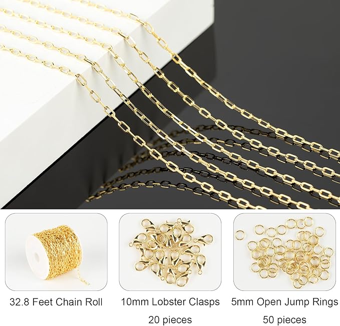 Jabogrii 10 Meters Gold Soldered Jewelry Making Chains Paperclip Brass Chain Bulk Necklace Bracelet DIY Craft Chain for Jewelry Making