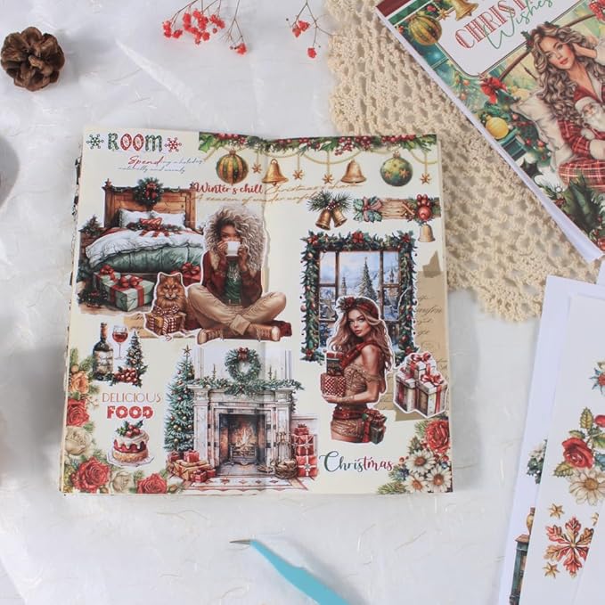 Christmas Wishes Scrapbook Stickers for Journaling Supplies, Pre-Cut Xmas Holiday Sticker Book for Junk Journals Scrapbooking Card Making Bujo, Planner, Album Craft, Adults