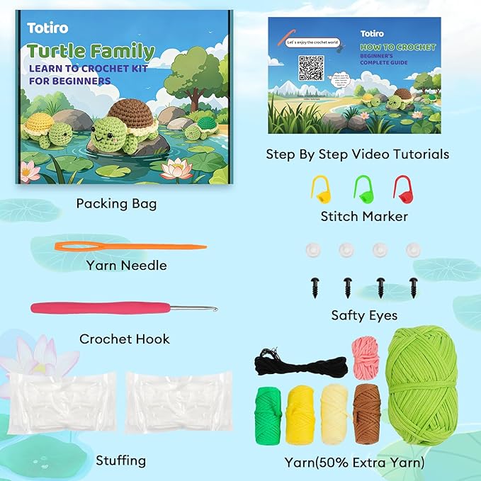 Totiro Crochet Kit for Beginners, Turtle Amigurumi Starter Kit, Easy DIY Craft Set with Step-by-Step Video Tutorials, 3 Pack Animal Crochet Pattern Learning Kit for Teens Adults Birthday Gift
