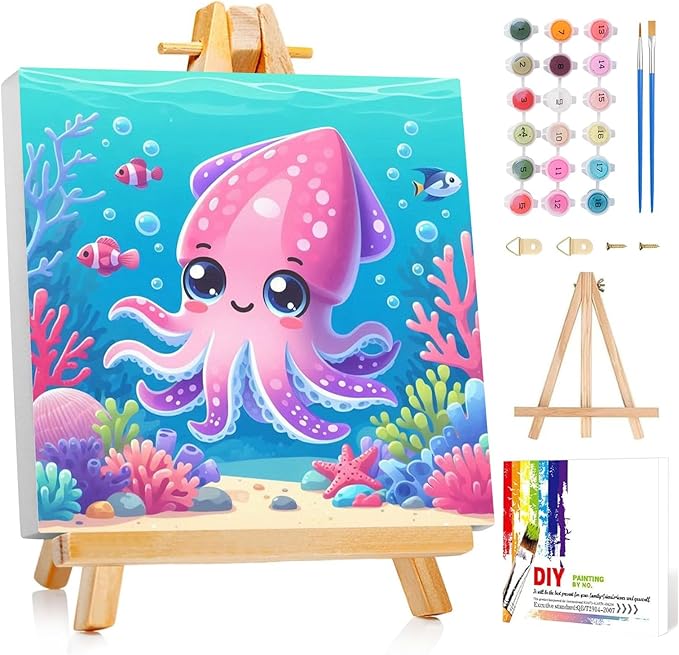 Reivworl Paint by Numbers Kit for Kids with Frame and Easel, Octopus Paint by Number for Kids Age 6-8-12, Paint by Numbers Kits for Gifts and Home Decor - 8X8Inch
