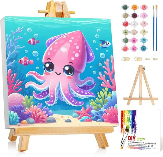 Reivworl Paint by Numbers Kit for Kids with Frame and Easel, Octopus Paint by Number for Kids Age 6-8-12, Paint by Numbers Kits for Gifts and Home Decor - 8X8Inch