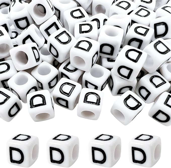 MIIIM 100pcs Pony Beads Letter D for Keychains Making, 6x6mm Large Hole Square Letter Beads for Bracelets Making, Alphabets, Numbers (White and Black)
