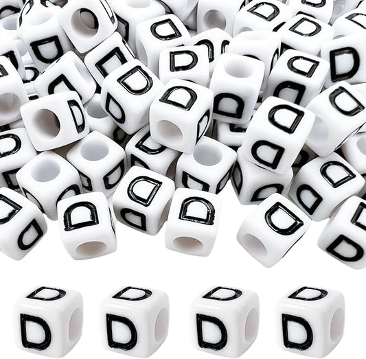 MIIIM 100pcs Pony Beads Letter D for Keychains Making, 6x6mm Large Hole Square Letter Beads for Bracelets Making, Alphabets, Numbers (White and Black)