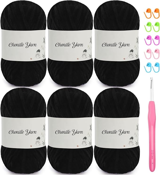 SIMEIQI 6 Pack of 1.76oz Chenille Yarn for Crocheting,60yards Soft Fluffy Velvet Yarn, Ideal Crochet for DIY Baby Blankets Toys Scarves Throw Pillows Hats Cushions(Black)