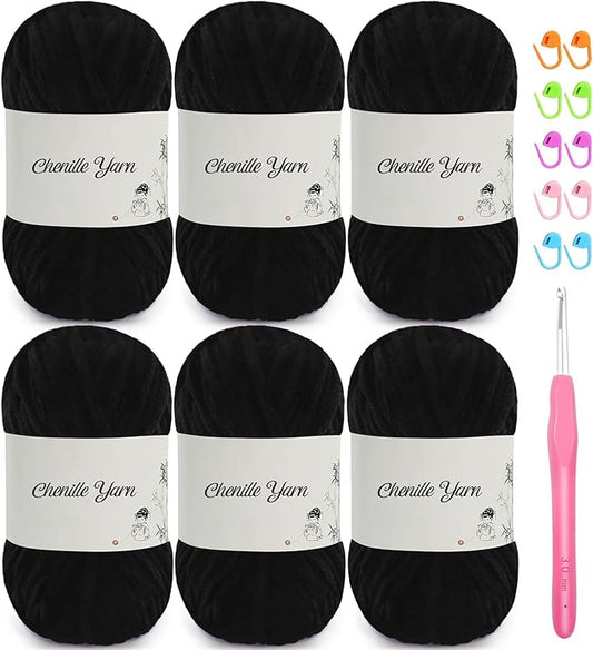 SIMEIQI 6 Pack of 1.76oz Chenille Yarn for Crocheting,60yards Soft Fluffy Velvet Yarn, Ideal Crochet for DIY Baby Blankets Toys Scarves Throw Pillows Hats Cushions(Black)