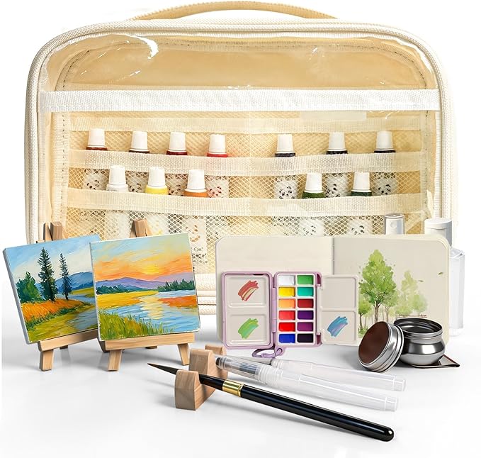 Mini Watercolor Travel Paint Set,22Pcs Artist Watercolor Palette Travel Set with Colors,Wooden Paint Box,Brush,Holder,Oil Cup,Bottles Storage Bag for Beginners Artists Student(12 Grids Purple)