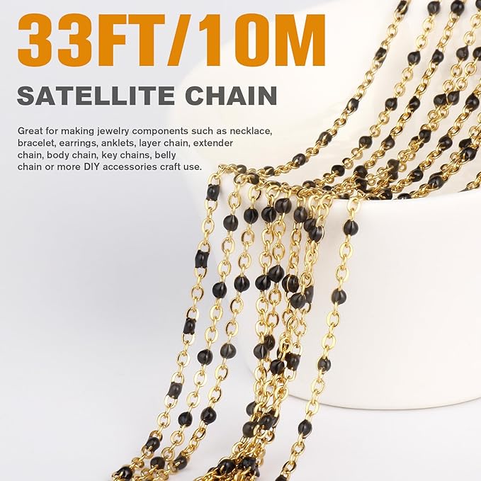 33 Feet Gold Enamel Chains Bulk, 2mm 18K Gold PVD Plated 304 Stainless Steel Black Enamel Beaded Cable Link Chain Roll Spool for Jewelry Making
