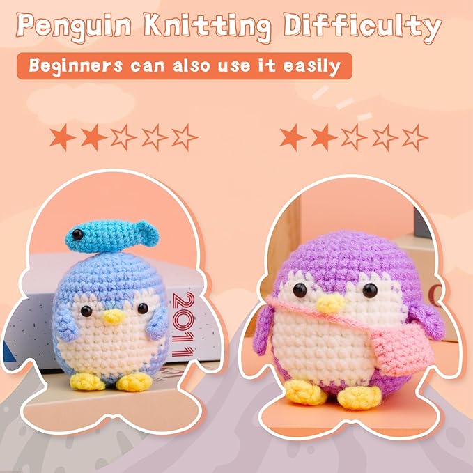 2 Pack Crochet Kit for Beginners, Animal Crochet Kit, Cute Crochet Starter Kit with Video Tutorial, 2 Crochet Hooks, Colored Crochet Yarns, 5 Stitch Markers Complete Crochet Set to Make 2 Penguins