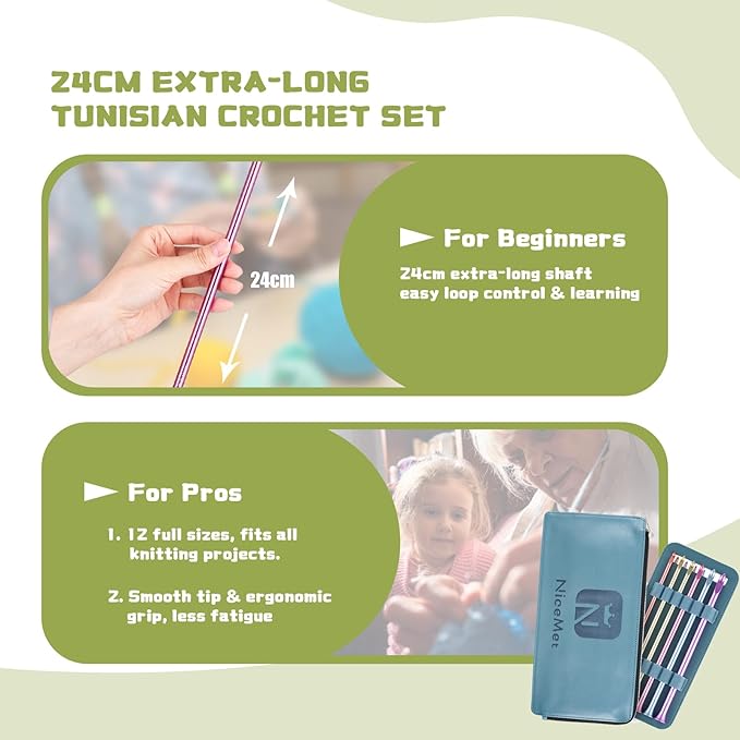 12-Piece Extra Long Tunisian Afghan Crochet Hooks Set, 9.5-Inch (24cm) Crochet Hook Ergonomic, Sizes US 2.5-15 (3mm-10mm), with Leather Case for Crocheting