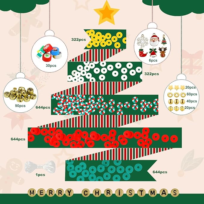 Redtwo Christmas Beads for Bracelets, 3000 Pcs Clay Beads Bracelat Making kit Golden Beads Christmas Crafts Decorations Charms for Jewelry Making, Gifts for Teen Girls Age 6-12