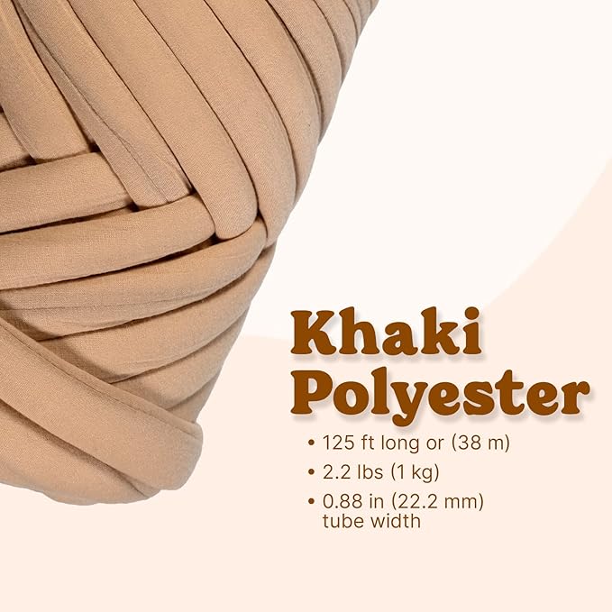 Light Weight Ultra Soft 2.2 LBS (1 kg) Chunky Yarn for Hand Knitting, Lush Polyester Fabric Tube Yarn to Make Handbags, Pillows, Blankets, Crafts (Khaki)