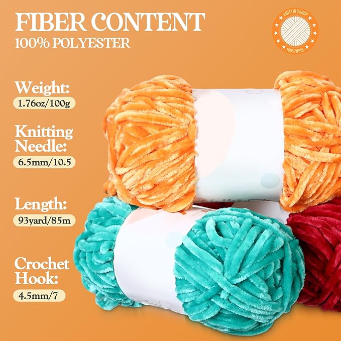 Woanger 20 Skeins Soft Chenille Yarn Velvet Blanket Yarn for Crocheting Hand Knitting Weaving DIY Craft, 93 Yards Each (Novel Color)