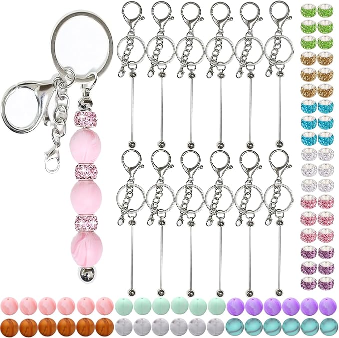 XKCWXY 84Pcs Beadable Keychains Set,Keychains Bulk for Keychain Making Accessories with beadable Keychain bar Silicone Beads Spacer Beads