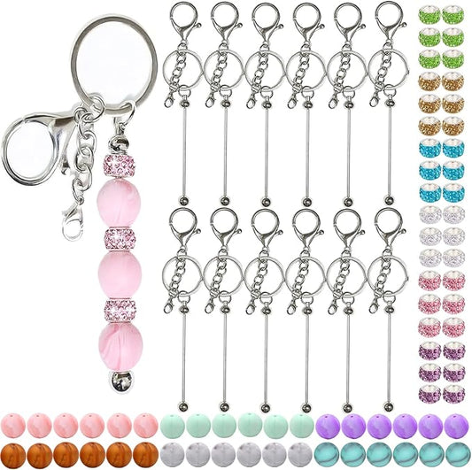 XKCWXY 84Pcs Beadable Keychains Set,Keychains Bulk for Keychain Making Accessories with beadable Keychain bar Silicone Beads Spacer Beads